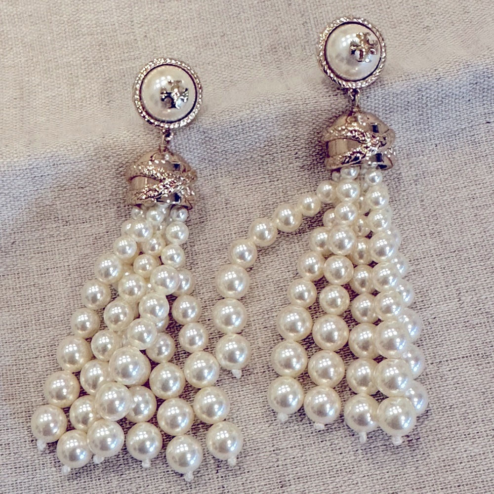 Tory Burch Pearl Tassel Drop Earrings in Ivory and Gold